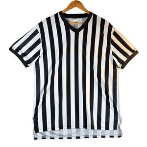 FitsTF Mens Referee Jersey Shirt V-Neck Size L Black White Stipe Sports Umpire